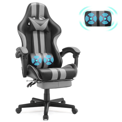 Gaming Chair Office Chair, Massage Game Gamer Chairs with Footrest & Headrest & Lumbar Pillow, Reclining Swivel Leather Chairs, Grey