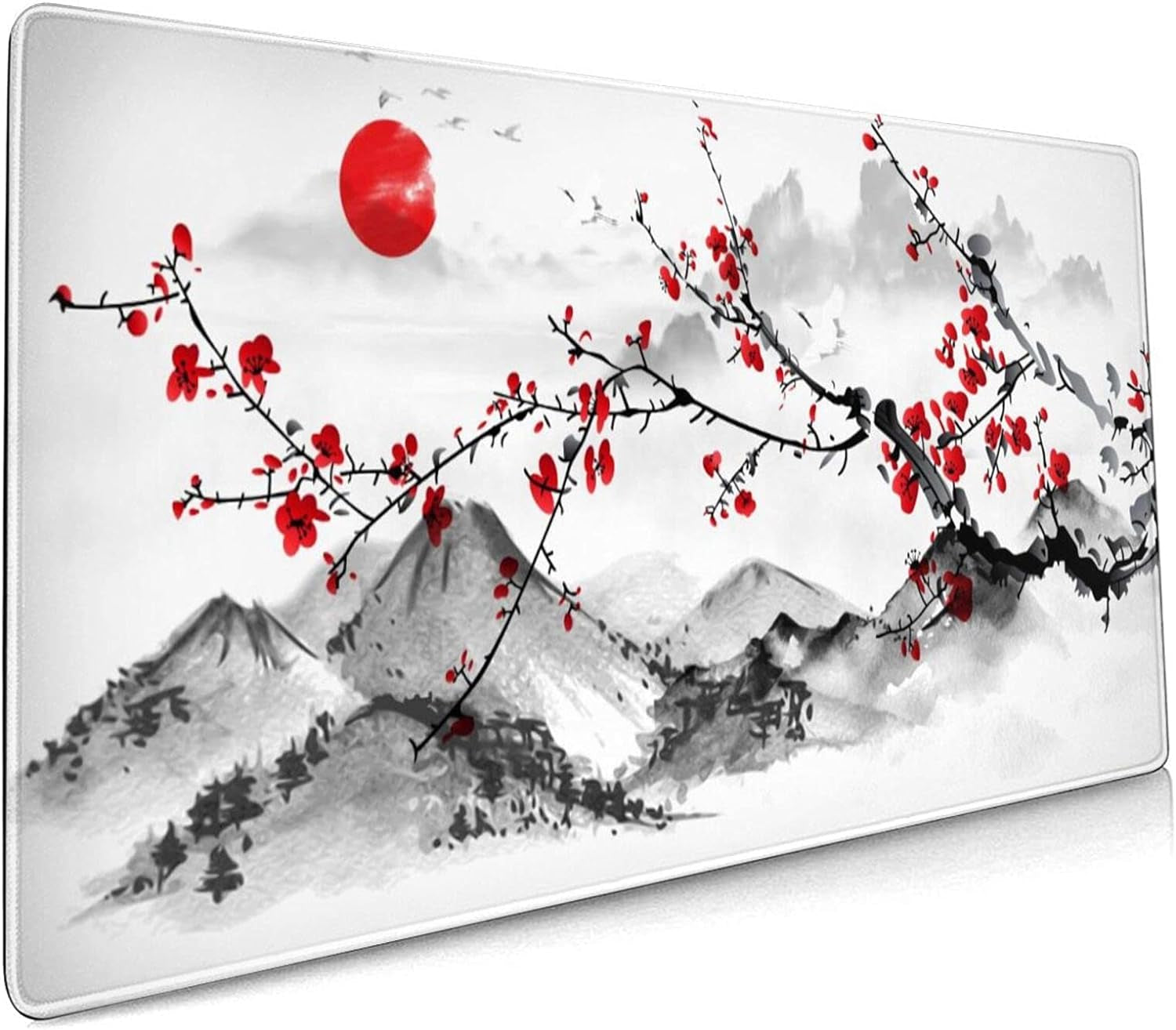 Extended Large Gaming Mouse Pad 35.4 X 15.7 Inch XXL Full Desk Japanese Art Style Cherry Blossom & Sakura Mousepad Non-Slip Rubber Base Big Keyboard Mat with Stitched Edges for Home Office