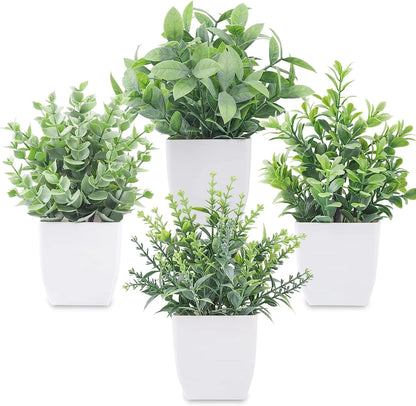 4Pcs Fake Plants Small Artificial Greenery Potted Plants Mini Simulation Eucalyptus for Home Office Table Decor