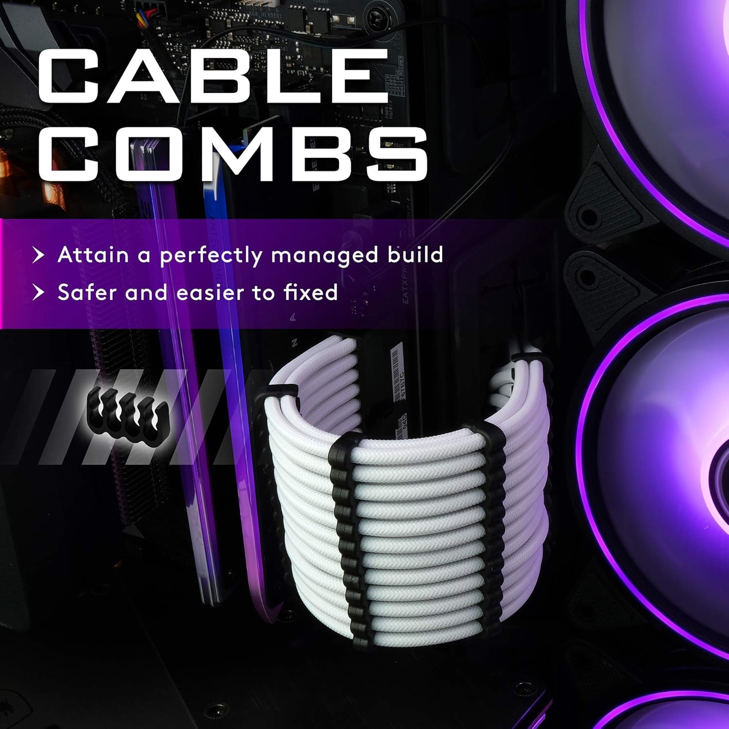 PSU Cable Extension Sleeved Custom Mod GPU PC Power Supply Soft Nylon Braided with Comb Kit 24Pin/3X 8PIN to 6+2Pin/ 2X 8PIN to 4+4Pin-300Mm/11.8In - White