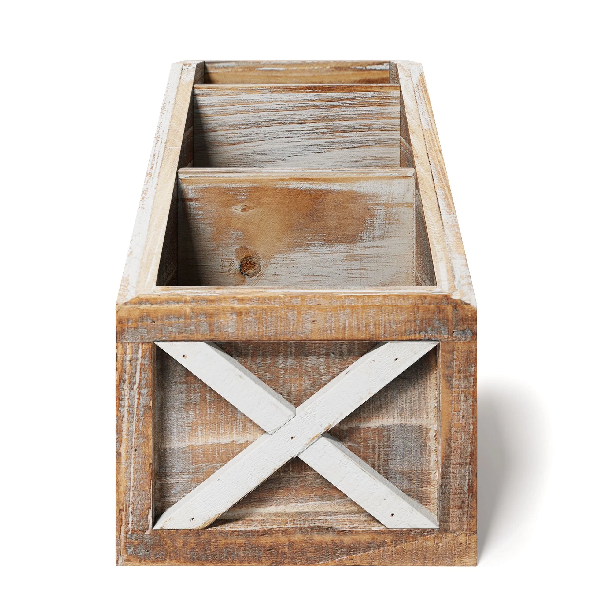 Rustic Vintage Wooden Desk Organizer Remotes Caddy Tabletop Desktop Office Supplies Desk Accessories Holder, 6.75" X 6.5” (White/Brown)