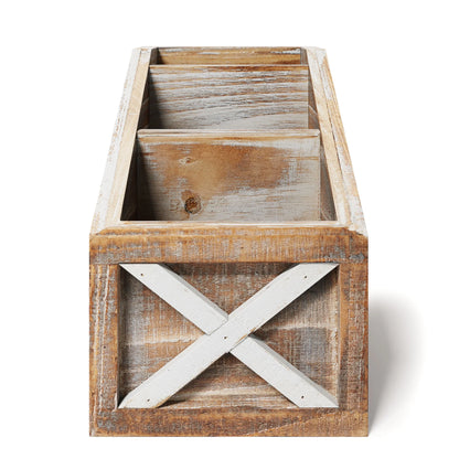 Rustic Vintage Wooden Desk Organizer Remotes Caddy Tabletop Desktop Office Supplies Desk Accessories Holder, 6.75" X 6.5” (White/Brown)