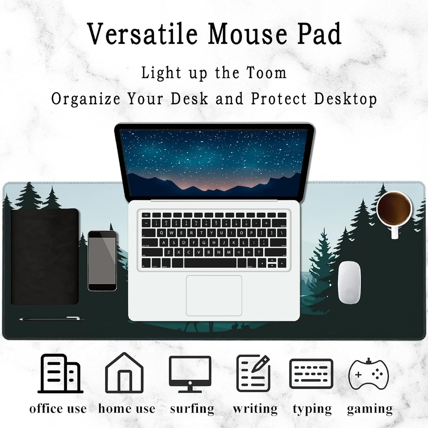 Gaming Mouse Pad Large, Lnk Painting Misty Forest Deer Extended Mouse Pad,Non-Slip Rubber Desktop Mat Sewn Edges, Desktop Decorative Accessories, Suitable for Home, Office 35.5" X 15.7"