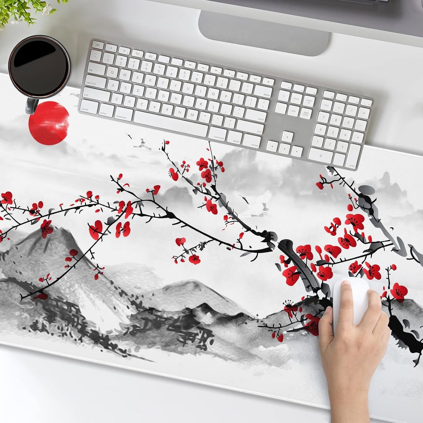 Extended Large Gaming Mouse Pad 35.4 X 15.7 Inch XXL Full Desk Japanese Art Style Cherry Blossom & Sakura Mousepad Non-Slip Rubber Base Big Keyboard Mat with Stitched Edges for Home Office