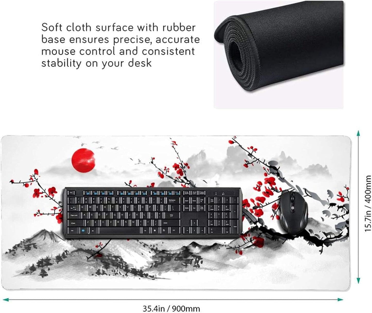 Extended Large Gaming Mouse Pad 35.4 X 15.7 Inch XXL Full Desk Japanese Art Style Cherry Blossom & Sakura Mousepad Non-Slip Rubber Base Big Keyboard Mat with Stitched Edges for Home Office