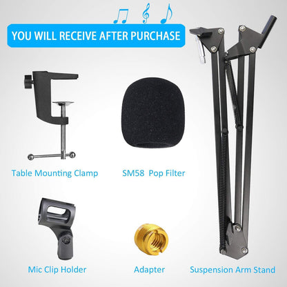 SM58 Mic Stand with Windscreen - Microphone Boom Arm Stand with Foam Cover Po...