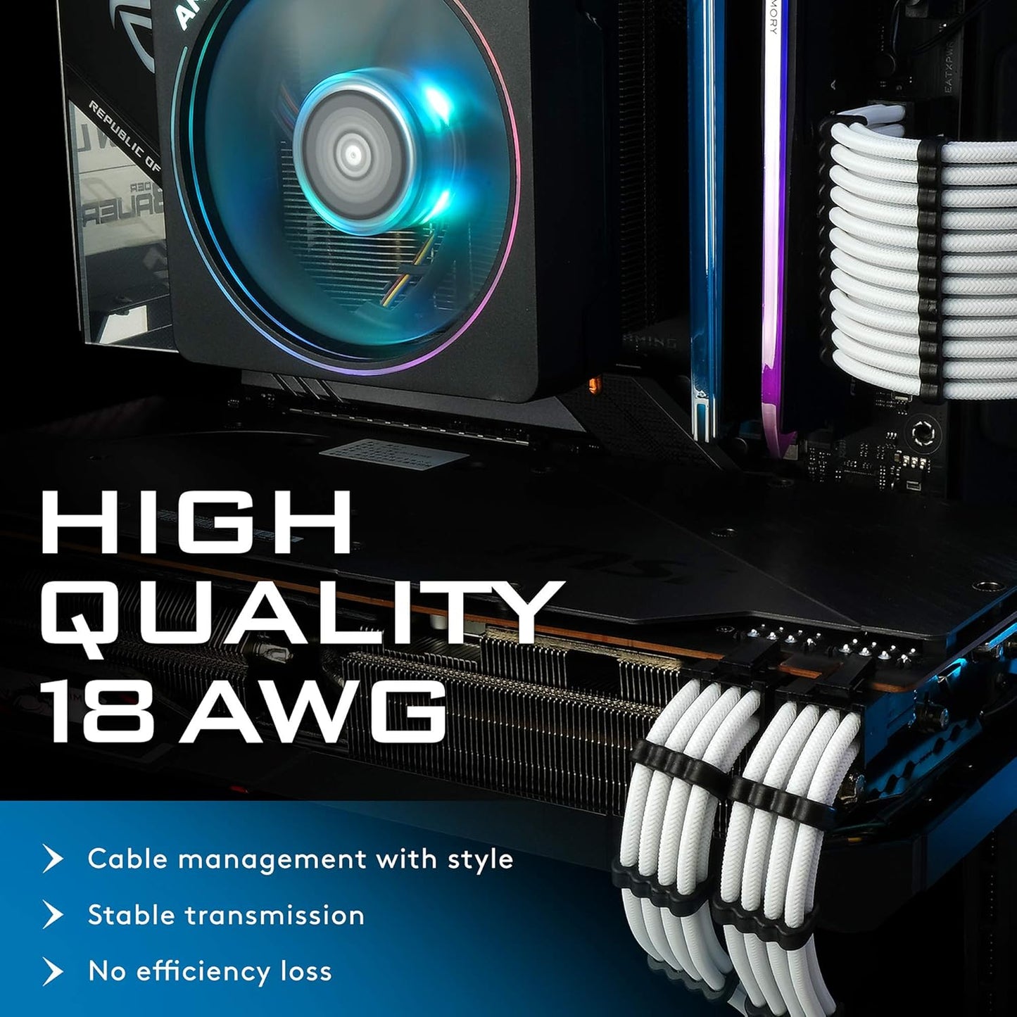 PSU Cable Extension Sleeved Custom Mod GPU PC Power Supply Soft Nylon Braided with Comb Kit 24Pin/3X 8PIN to 6+2Pin/ 2X 8PIN to 4+4Pin-300Mm/11.8In - White