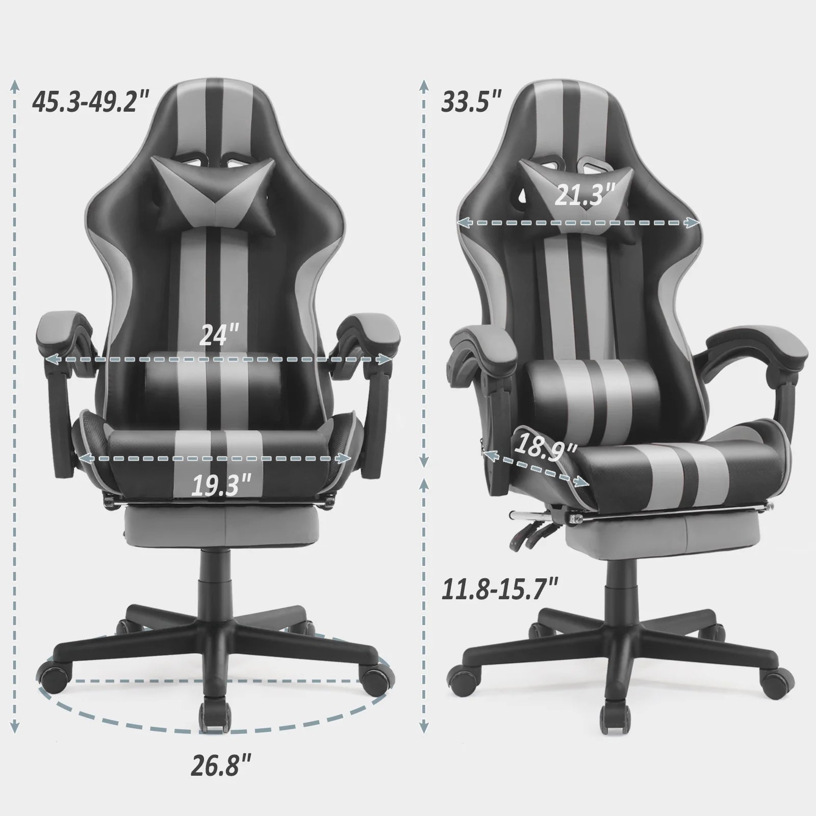 Gaming Chair Office Chair, Massage Game Gamer Chairs with Footrest & Headrest & Lumbar Pillow, Reclining Swivel Leather Chairs, Grey