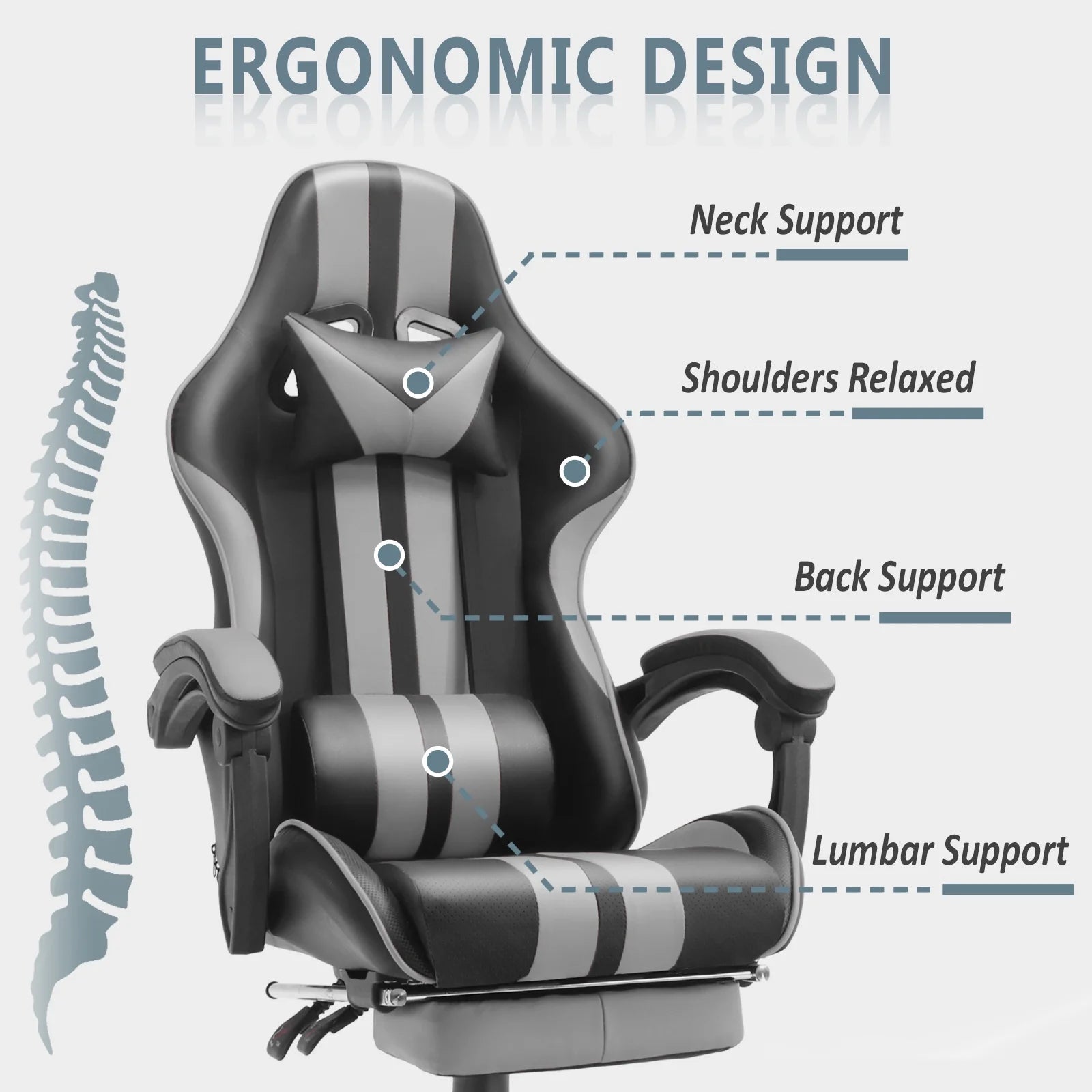 Gaming Chair Office Chair, Massage Game Gamer Chairs with Footrest & Headrest & Lumbar Pillow, Reclining Swivel Leather Chairs, Grey