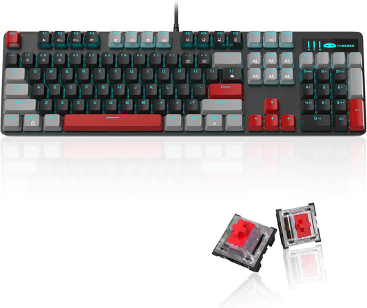 Mechanical Gaming Keyboard, 104 Keys Blue Backlit Keyboard with Red Switches Double-Shot Keycaps, USB Wired Mechanical Computer Keyboard for Laptop, Desktop, PC Gamers(Gray & Black)