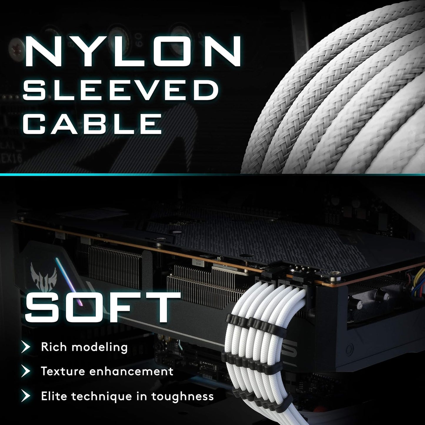 PSU Cable Extension Sleeved Custom Mod GPU PC Power Supply Soft Nylon Braided with Comb Kit 24Pin/3X 8PIN to 6+2Pin/ 2X 8PIN to 4+4Pin-300Mm/11.8In - White