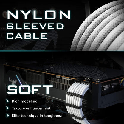 PSU Cable Extension Sleeved Custom Mod GPU PC Power Supply Soft Nylon Braided with Comb Kit 24Pin/3X 8PIN to 6+2Pin/ 2X 8PIN to 4+4Pin-300Mm/11.8In - White