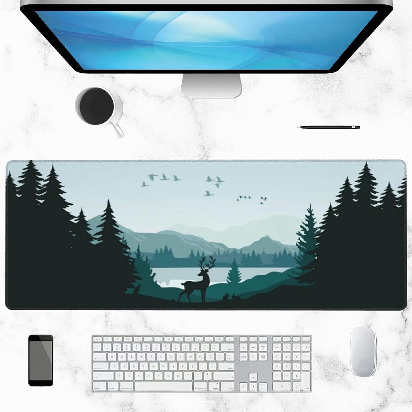 Gaming Mouse Pad Large, Lnk Painting Misty Forest Deer Extended Mouse Pad,Non-Slip Rubber Desktop Mat Sewn Edges, Desktop Decorative Accessories, Suitable for Home, Office 35.5" X 15.7"